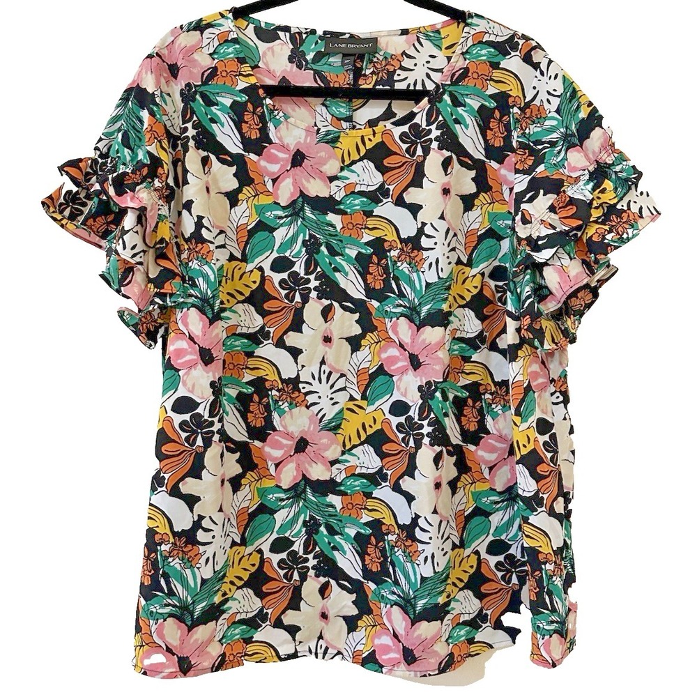 Lane Bryant 2OP Floral Top Ruffle Sleeve Tropical Plus Size Lightweight Petite